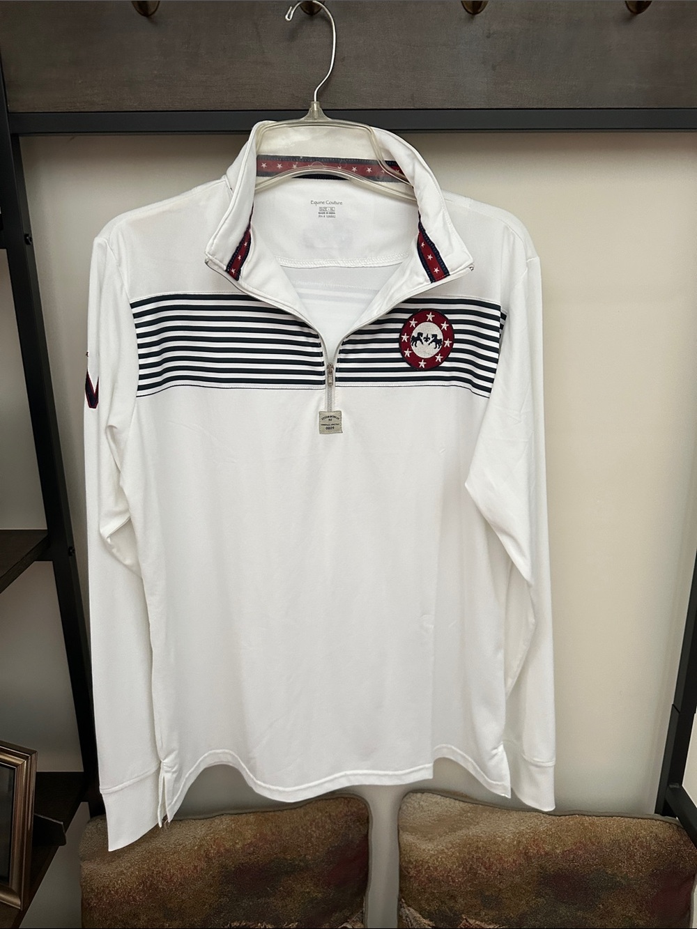 Women’s White Quarter-Zip Performance Shirt with Navy Stripe Detail